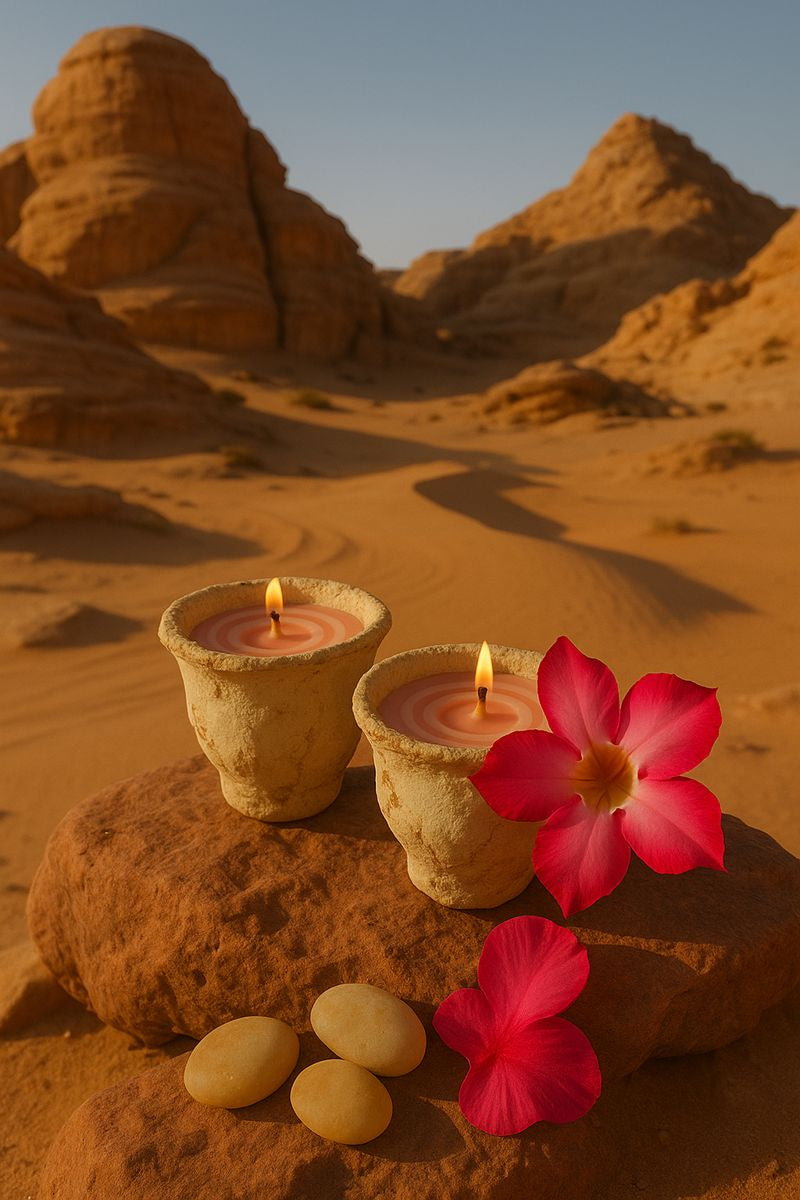 Desert rose scented candle displayed on rocks in the desert, surrounded by vibrant flowers and glowing flames.