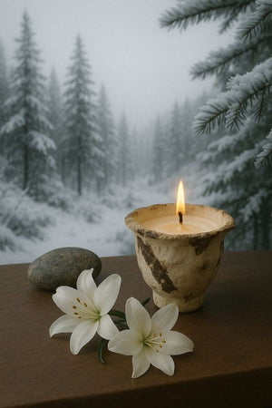 Winter scented candle Snow Pine Lily by ONEKILN with pine and lily fragrance